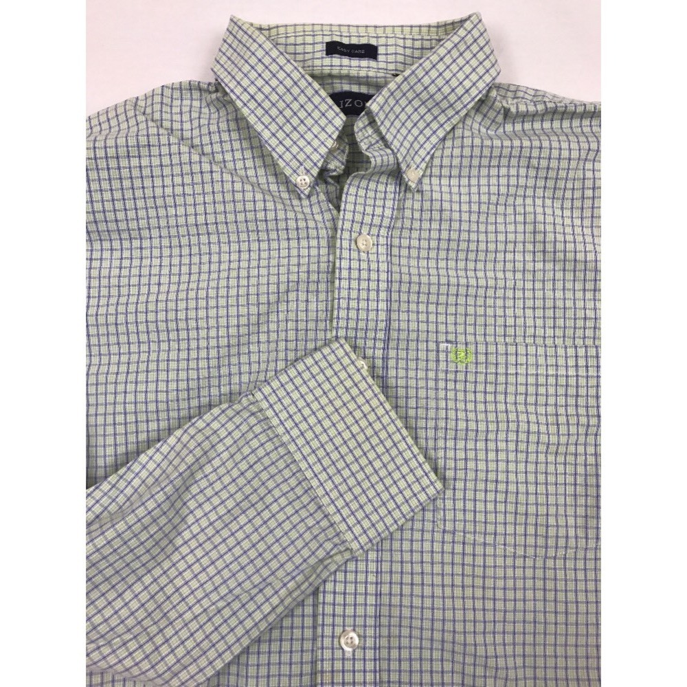 IZOD Long Sleeve Shirt Mens Size L Button Front Green Blue Plaid Checks